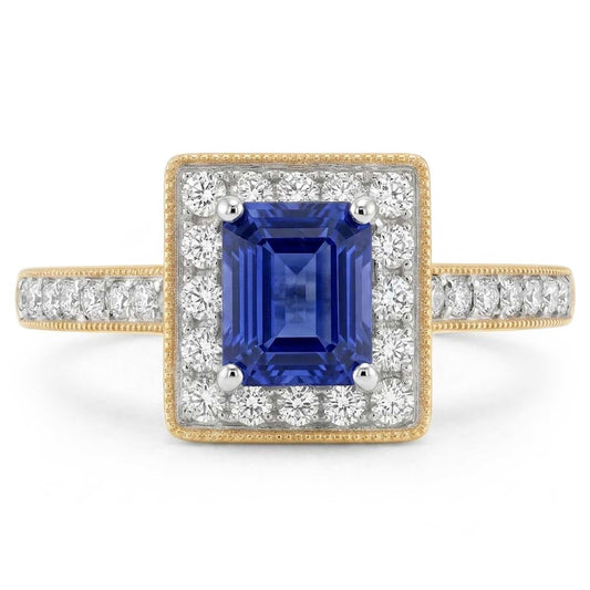 Anello in oro giallo milligrano con diamanti Zaffiro Halo Ceylon 2 carati