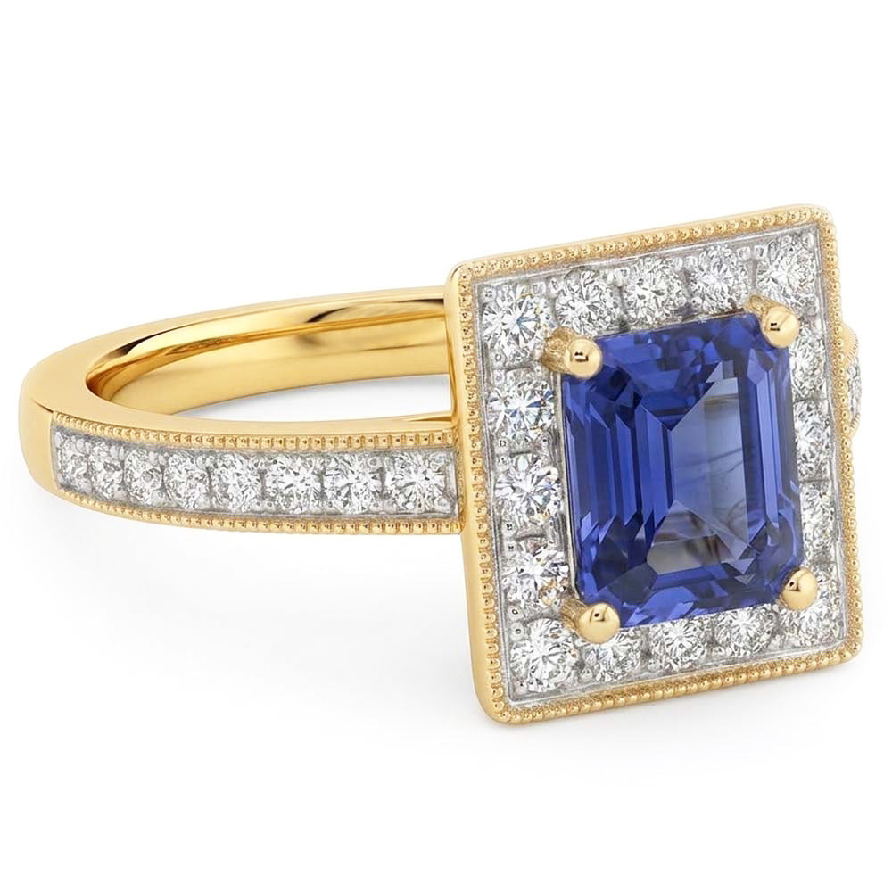 Anello in oro giallo milligrano con diamanti Zaffiro Halo Ceylon 2 carati