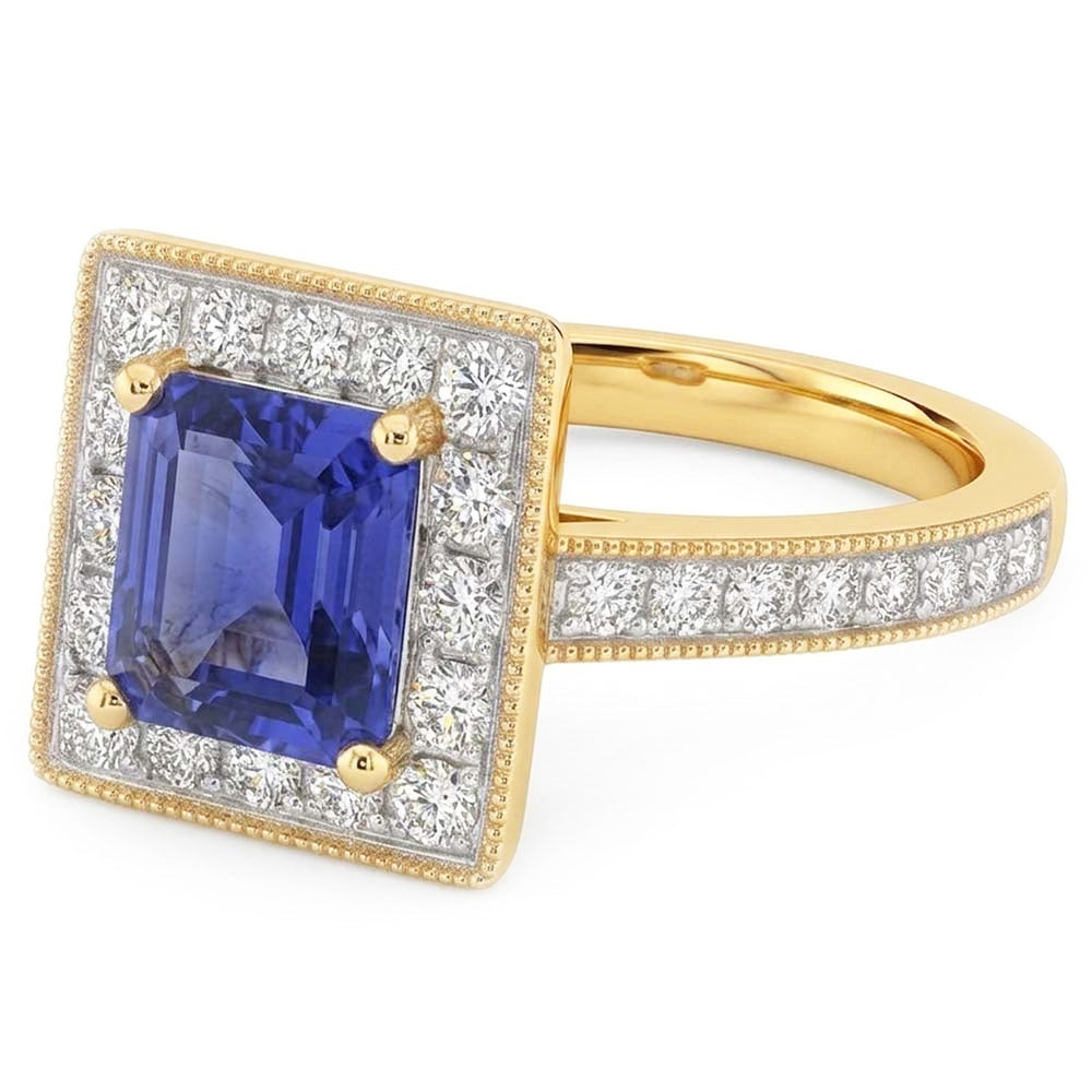 Anello in oro giallo milligrano con diamanti Zaffiro Halo Ceylon 2 carati