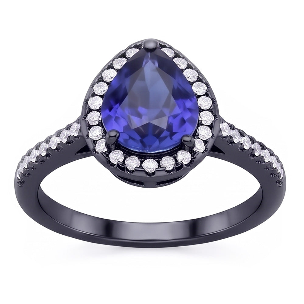 Anello in oro nero a forma di pera con alone zaffiro blu e diamanti 4 carati