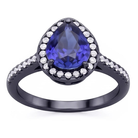 Anello in oro nero a forma di pera con alone zaffiro blu e diamanti 4 carati