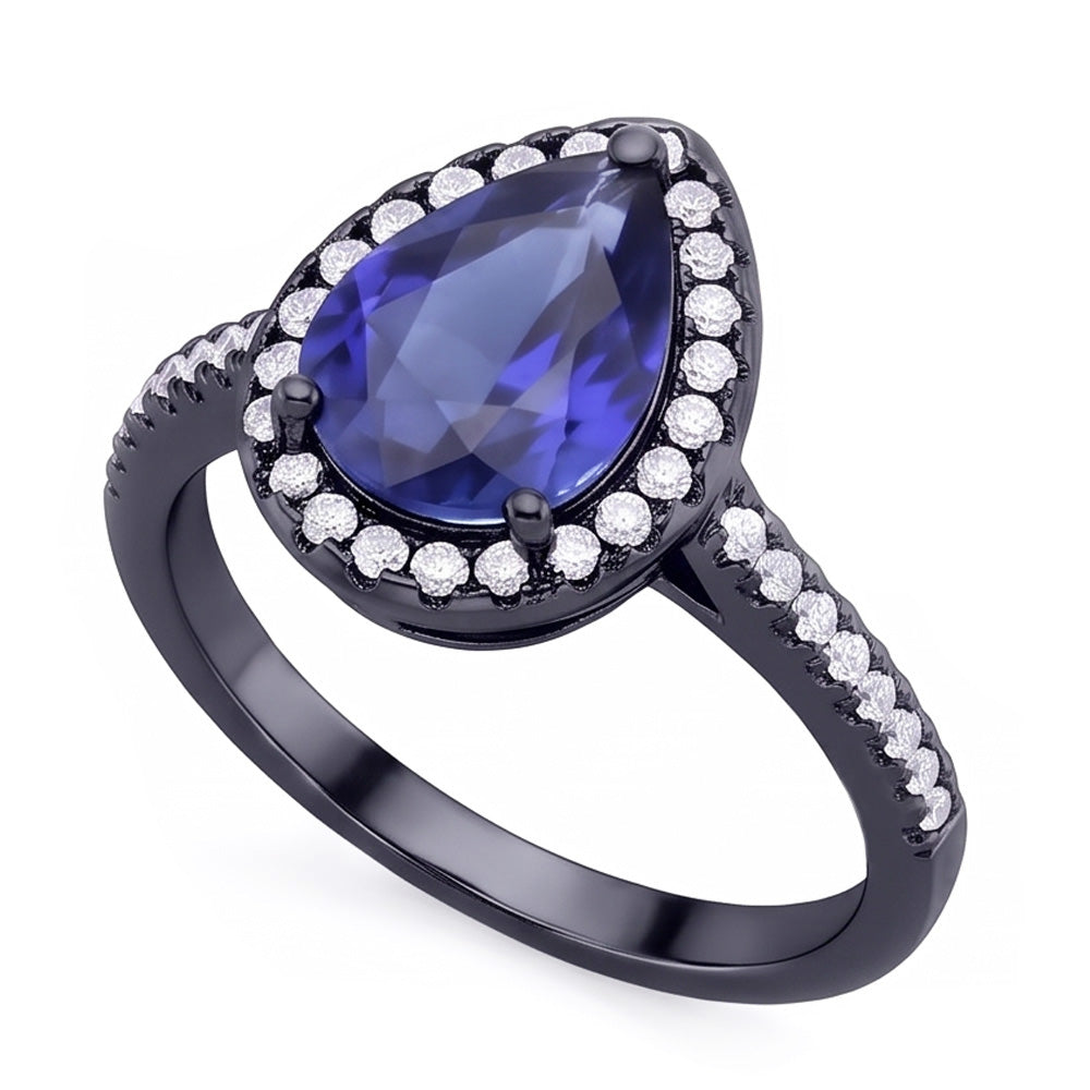 Anello in oro nero a forma di pera con alone zaffiro blu e diamanti 4 carati