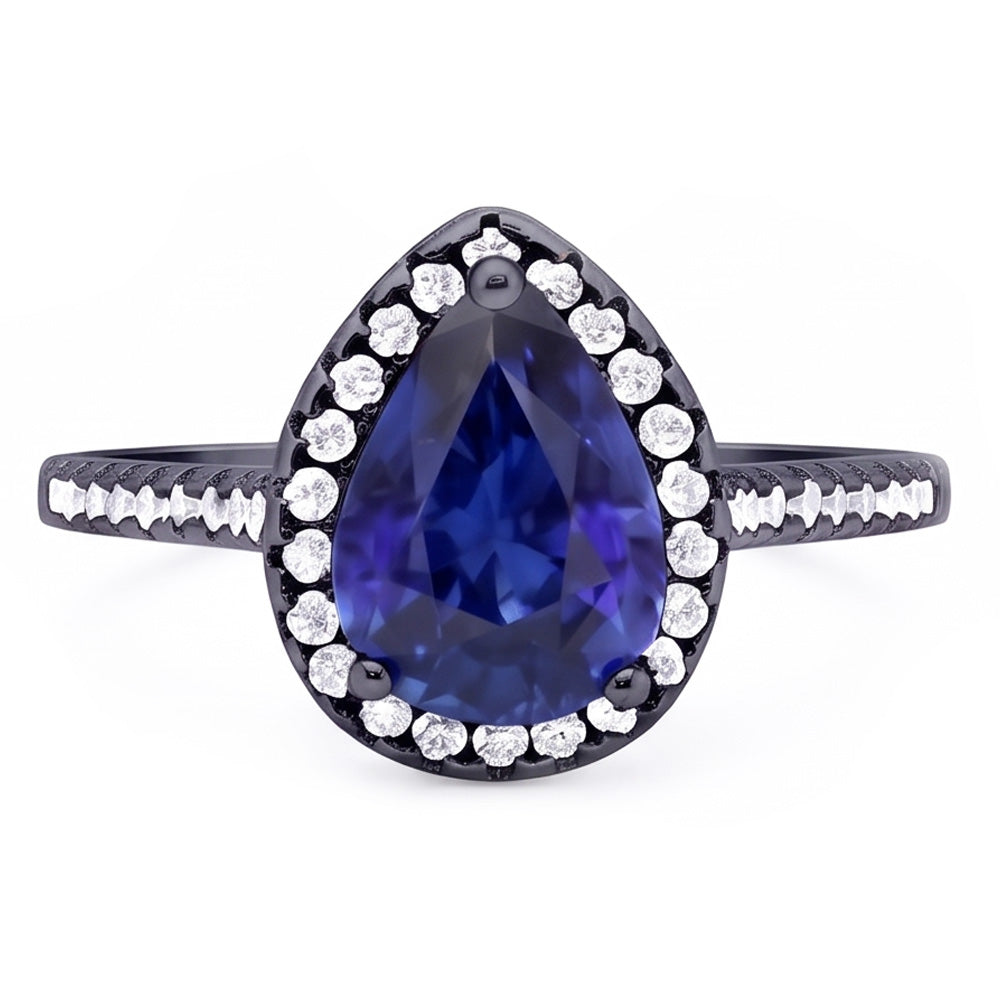 Anello in oro nero a forma di pera con alone zaffiro blu e diamanti 4 carati