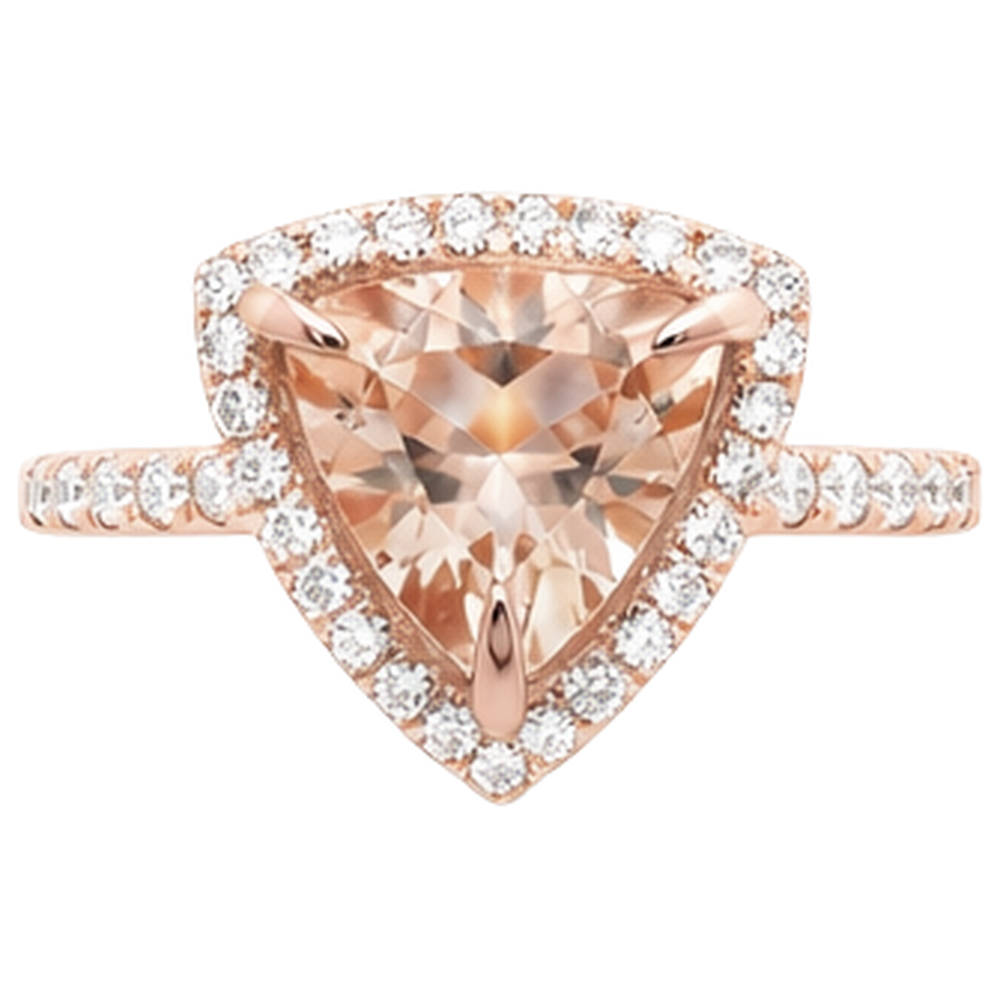 Anello in oro rosa 14 carati 16.75 ct con trilioni di morganite e diamanti rotondi