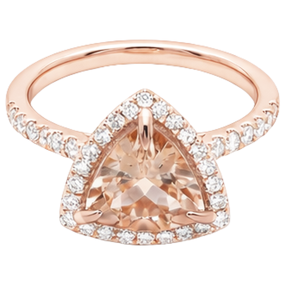 Anello in oro rosa 14 carati 16.75 ct con trilioni di morganite e diamanti rotondi