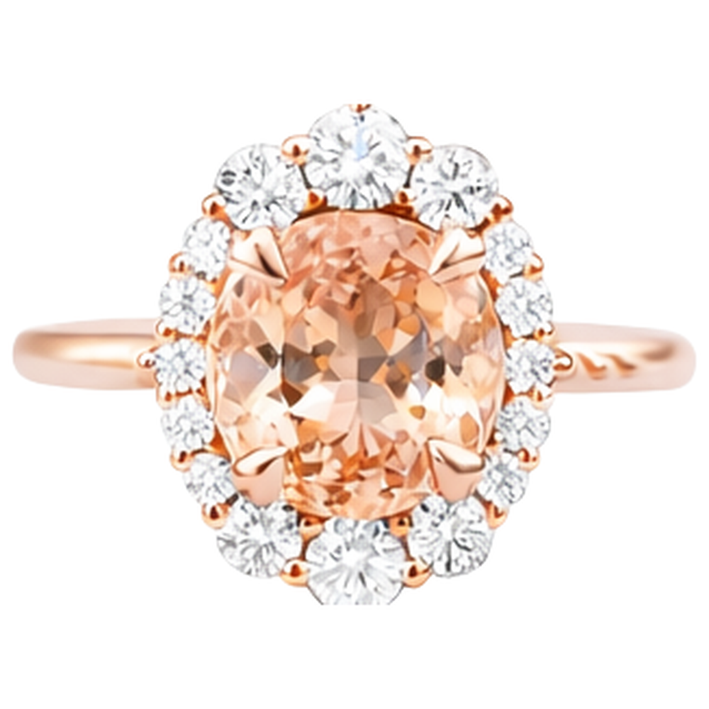 Anello in oro rosa 14 kt con Morganite e diamanti. taglio brillante rotondo da 15 ct