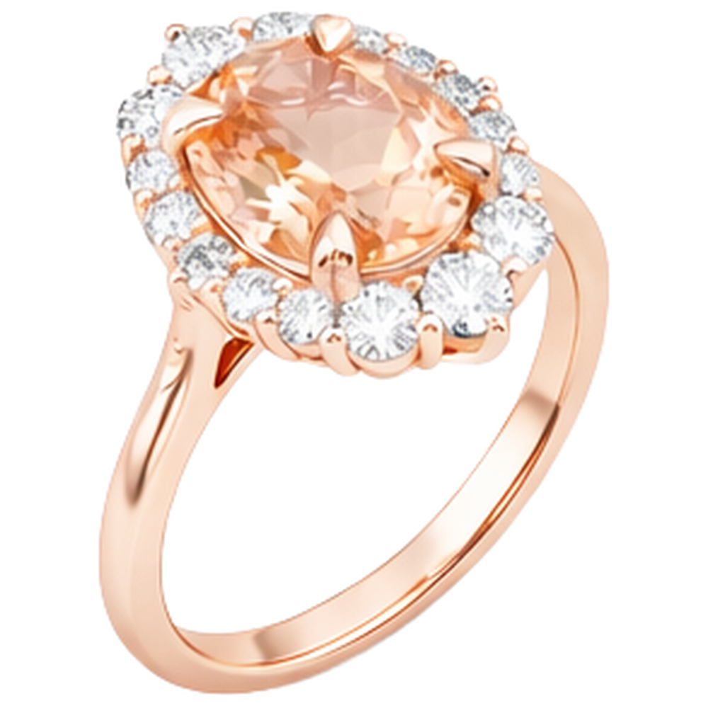 Anello in oro rosa 14 kt con Morganite e diamanti. taglio brillante rotondo da 15 ct