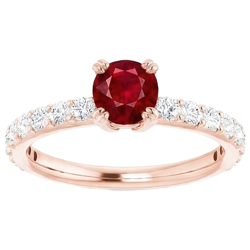 Anello in oro rosa 14K 2.50 carati con rubino rotondo a quattro griffe con diamanti