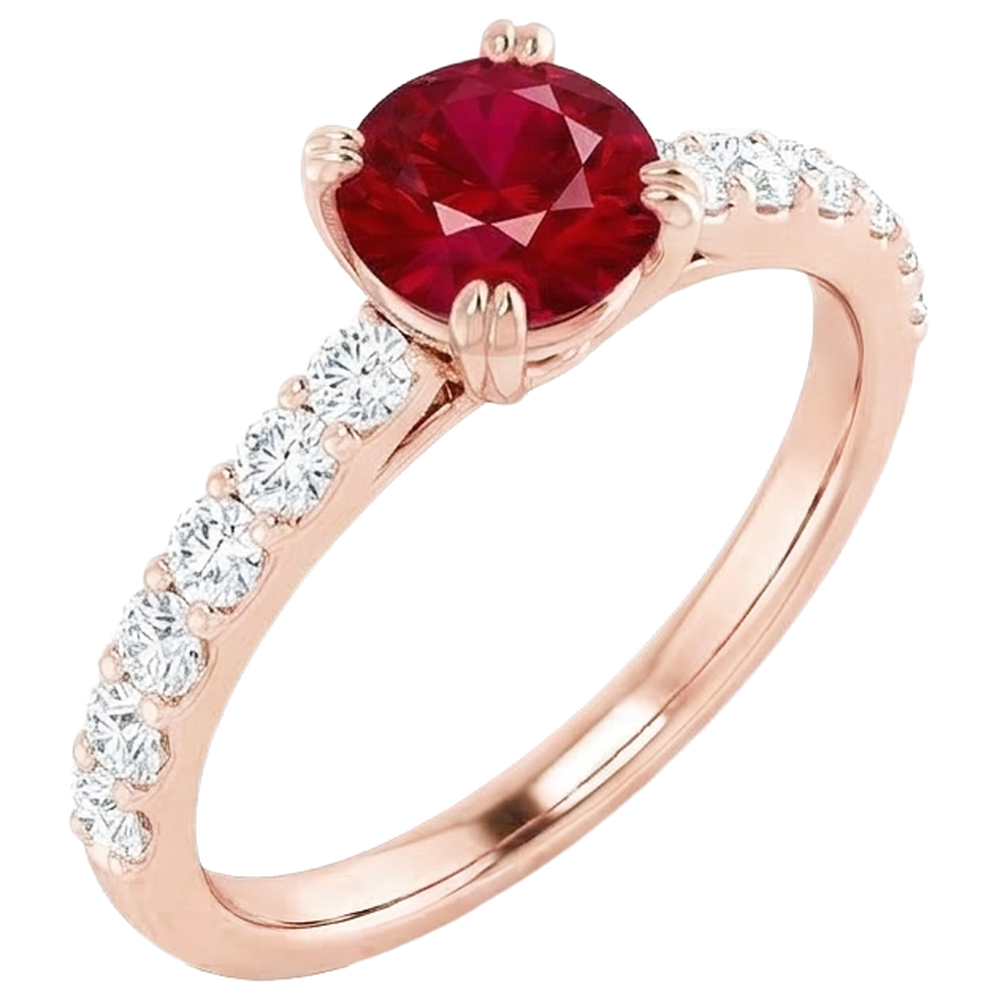 Anello in oro rosa 14K 2.50 carati con rubino rotondo a quattro griffe con diamanti