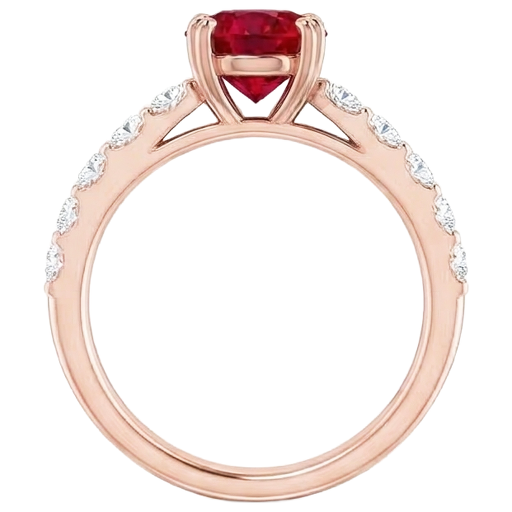 Anello in oro rosa 14K 2.50 carati con rubino rotondo a quattro griffe con diamanti