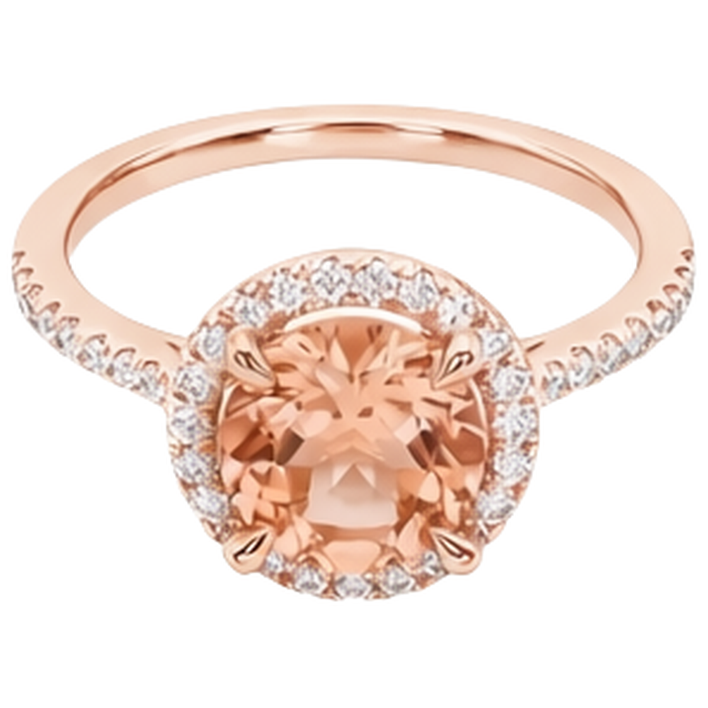 Anello in oro rosa 14K 9 carati con Morganite a taglio rotondo e diamanti Nuovo