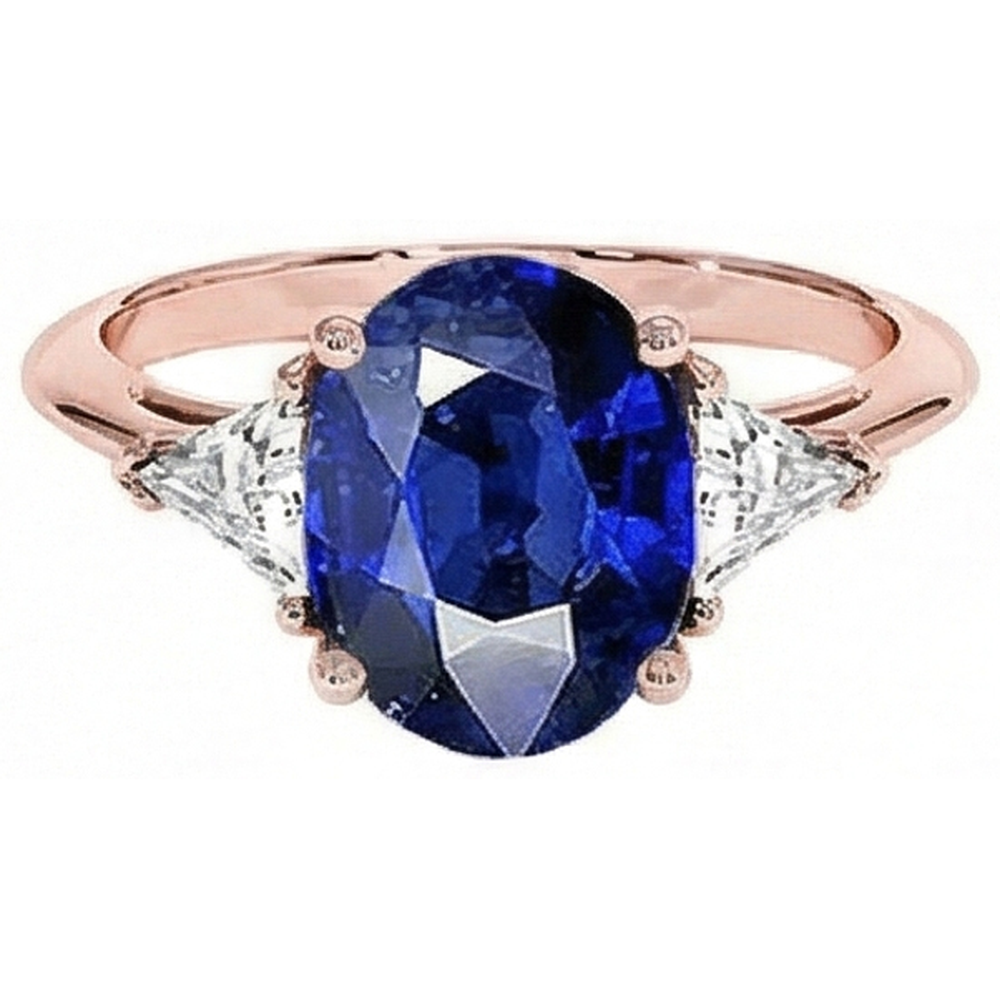 Anello in oro rosa con 3 pietre. zaffiro blu ovale e diamante 8.25 carati