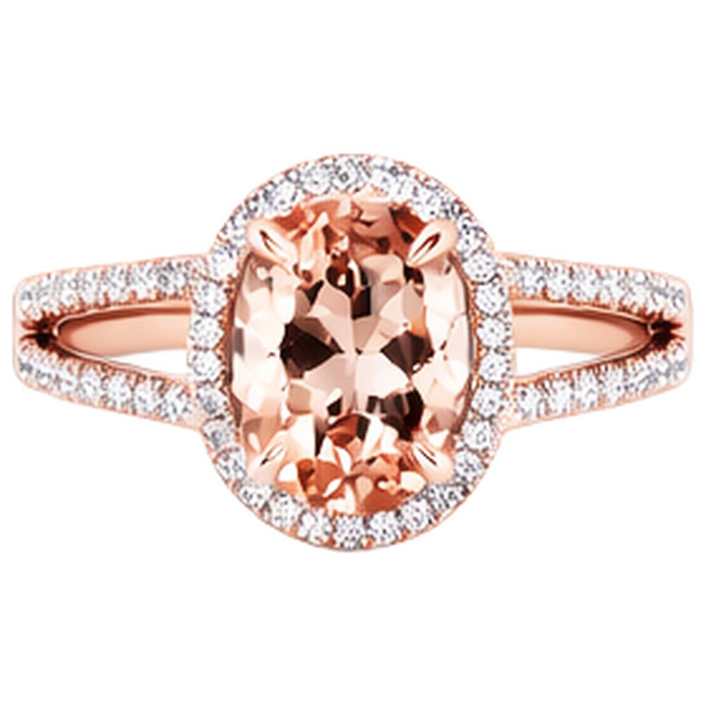 Anello in oro rosa con Morganite a taglio ovale e rotondo da 17.25 ct con diamanti