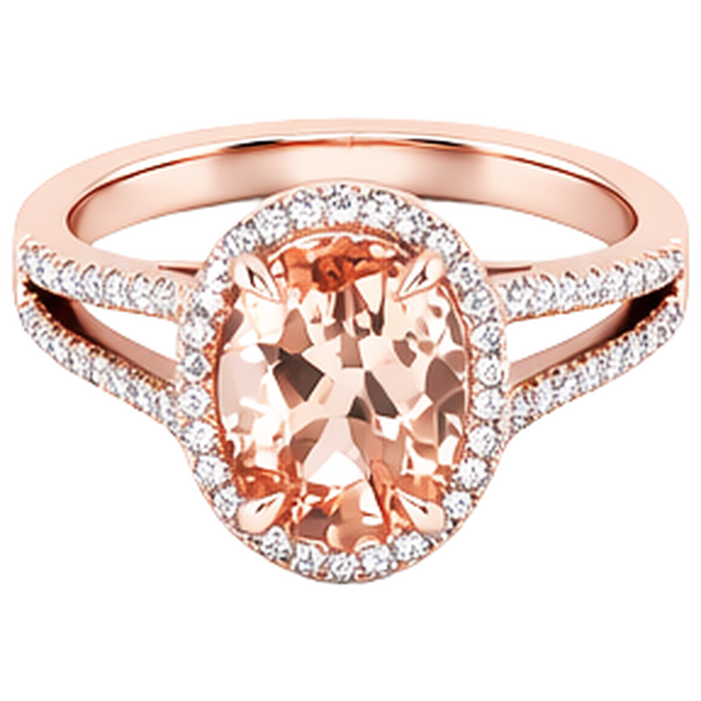 Anello in oro rosa con Morganite a taglio ovale e rotondo da 17.25 ct con diamanti