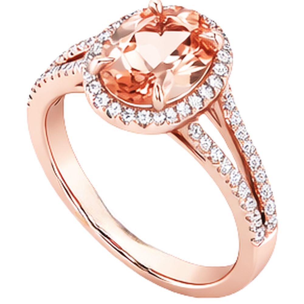 Anello in oro rosa con Morganite a taglio ovale e rotondo da 17.25 ct con diamanti