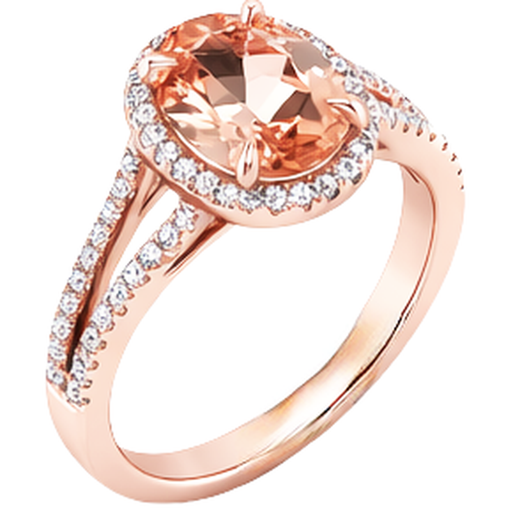Anello in oro rosa con Morganite a taglio ovale e rotondo da 17.25 ct con diamanti