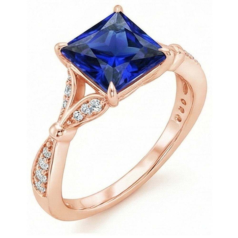 Anello in oro rosa con accenti di zaffiro blu taglio principessa 5.50 carati