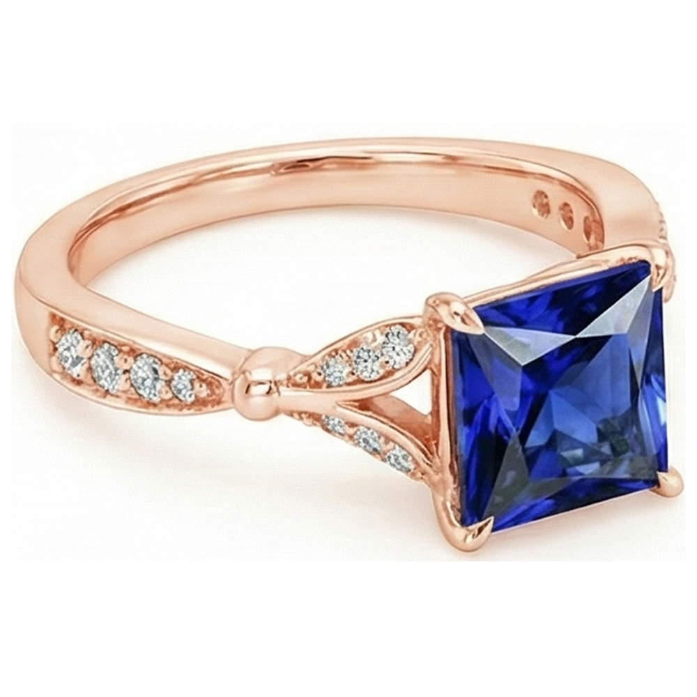 Anello in oro rosa con accenti di zaffiro blu taglio principessa 5.50 carati