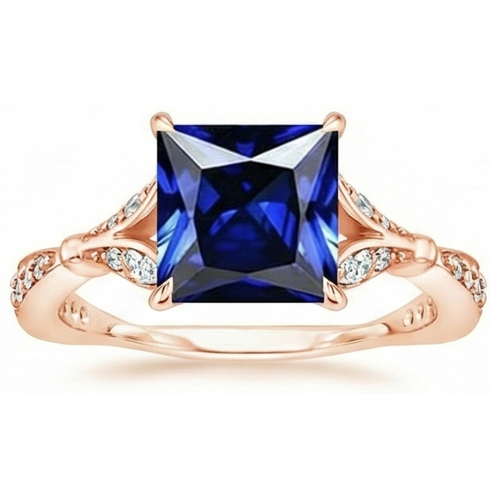 Anello in oro rosa con accenti di zaffiro blu taglio principessa 5.50 carati