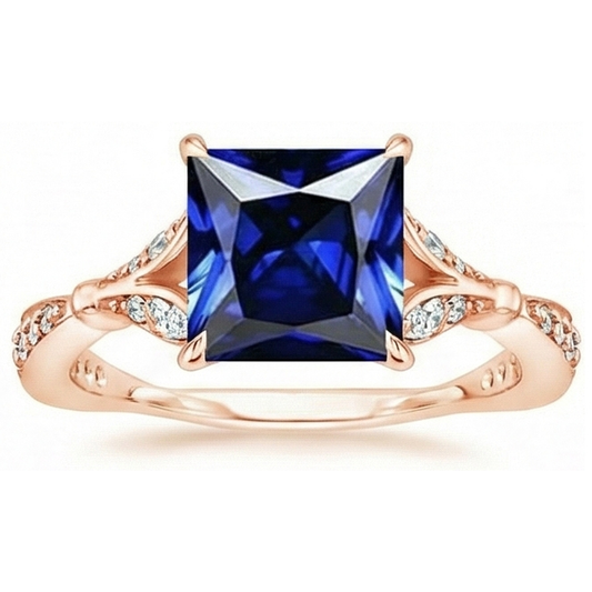 Anello in oro rosa con accenti di zaffiro blu taglio principessa 5.50 carati