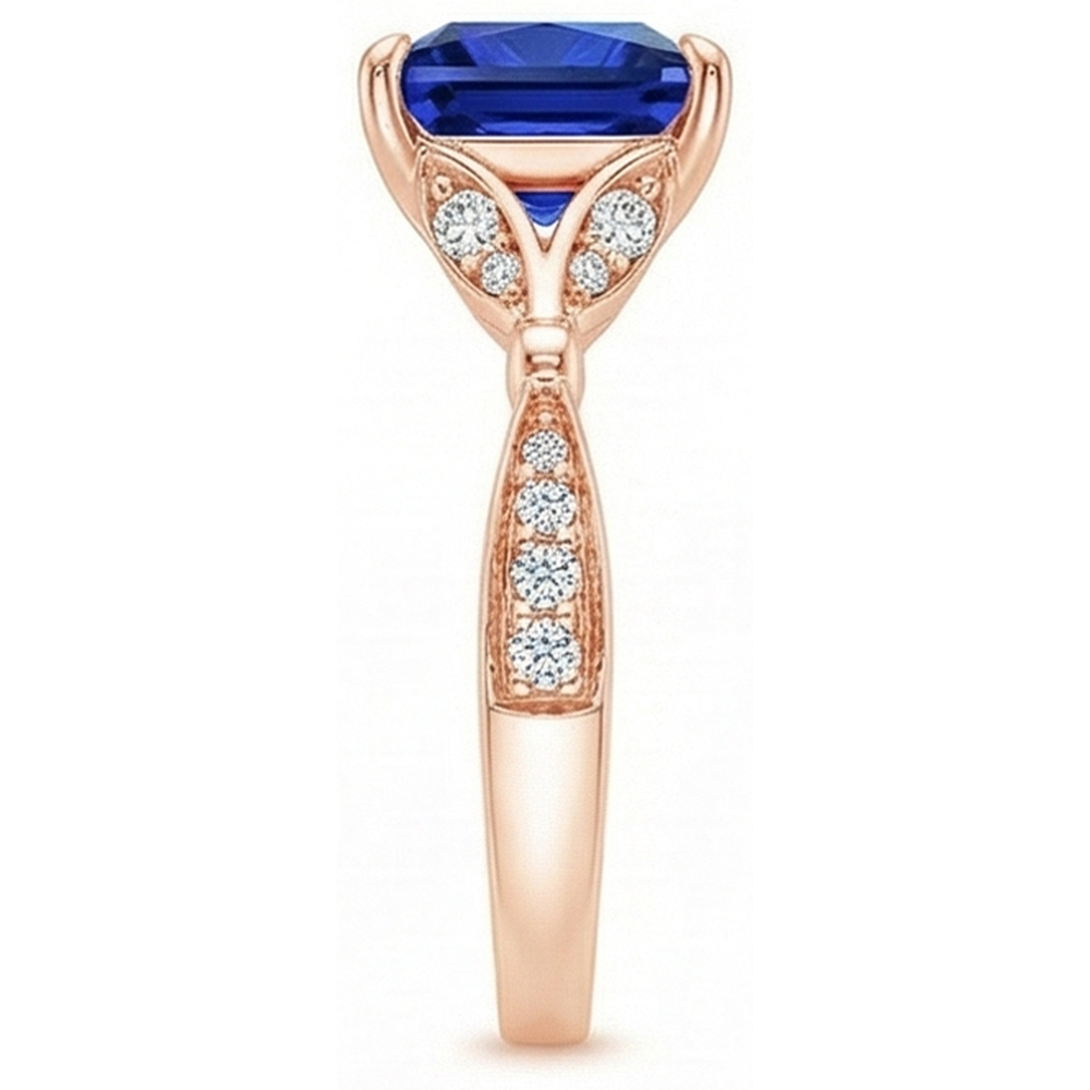 Anello in oro rosa con accenti di zaffiro blu taglio principessa 5.50 carati