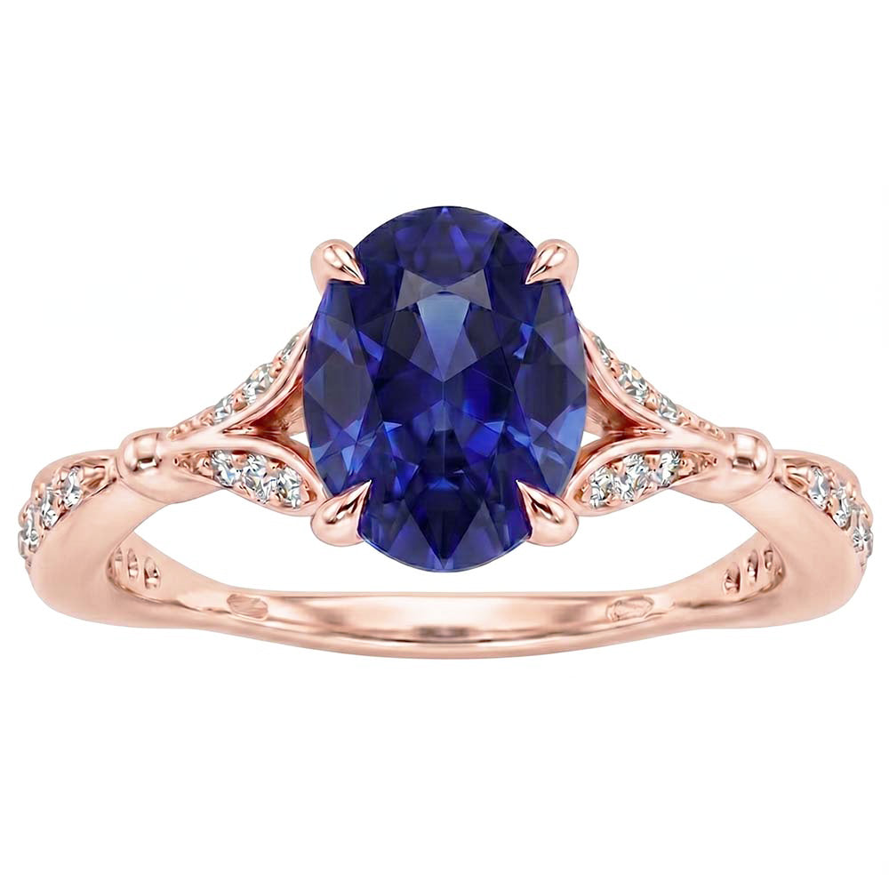 Anello in oro rosa con pietre preziose con gambo diviso. zaffiro blu e diamanti 3 carati