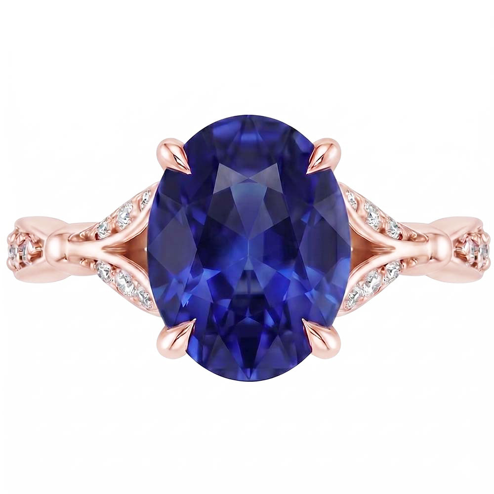 Anello in oro rosa con pietre preziose con gambo diviso. zaffiro blu e diamanti 3 carati
