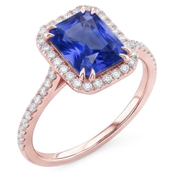 Anello in oro rosa con zaffiro radiante Halo 3.50 carati con pavé di diamanti