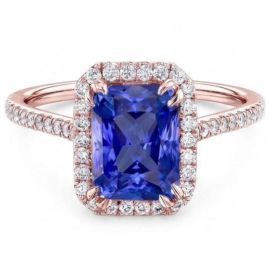 Anello in oro rosa con zaffiro radiante Halo 3.50 carati con pavé di diamanti