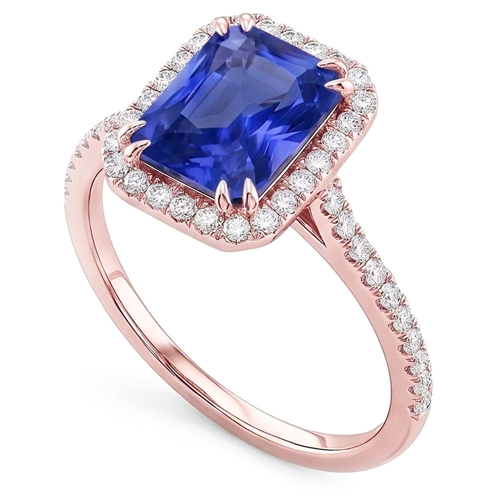 Anello in oro rosa con zaffiro radiante Halo 3.50 carati con pavé di diamanti