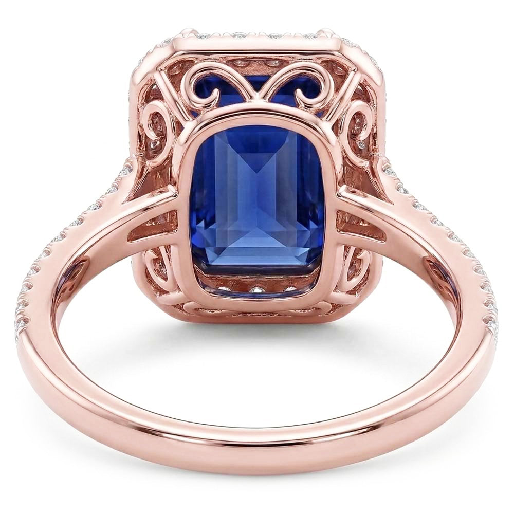 Anello in oro rosa con zaffiro radiante Halo 3.50 carati con pavé di diamanti