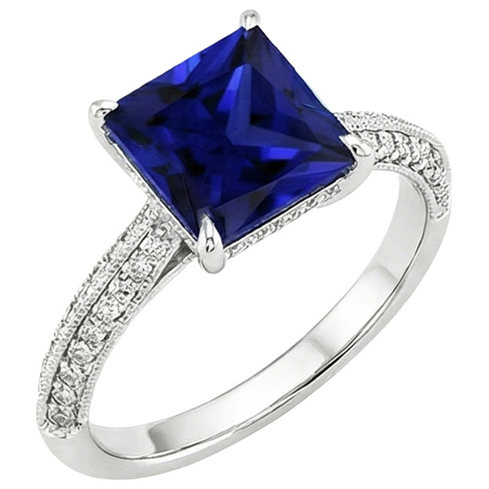 Anello in oro stile antico con diamanti e zaffiri blu principessa 4.50 carati