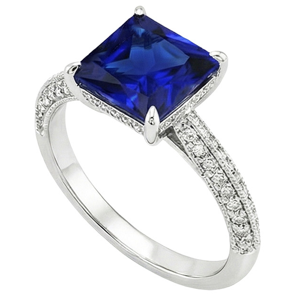 Anello in oro stile antico con diamanti e zaffiri blu principessa 4.50 carati