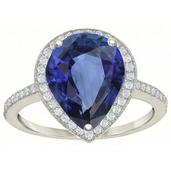 Anello in pietra preziosa Halo Pear con zaffiro di Ceylon e diamanti 5 carati
