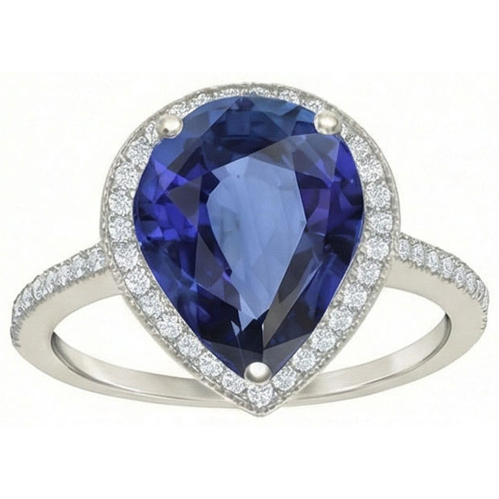 Anello in pietra preziosa Halo Pear con zaffiro di Ceylon e diamanti 5 carati