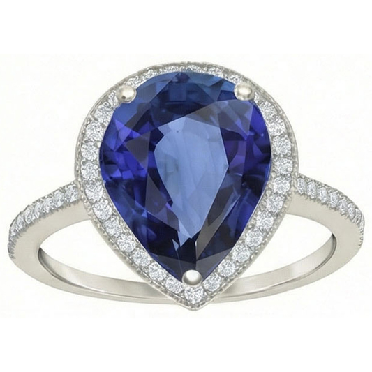 Anello in pietra preziosa Halo Pear con zaffiro di Ceylon e diamanti 5 carati