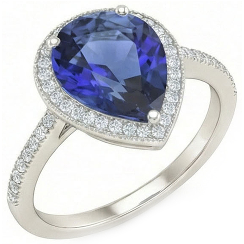 Anello in pietra preziosa Halo Pear con zaffiro di Ceylon e diamanti 5 carati