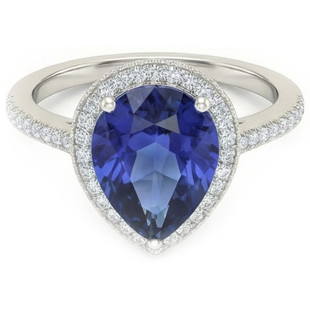Anello in pietra preziosa Halo Pear con zaffiro di Ceylon e diamanti 5 carati
