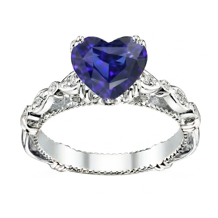 Anello in pietra preziosa a cuore con zaffiro blu. gioielli in stile antico da 2.50 carati