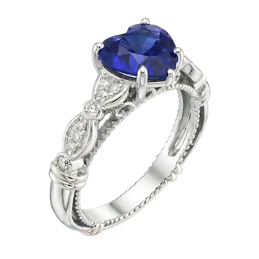 Anello in pietra preziosa a cuore con zaffiro blu. gioielli in stile antico da 2.50 carati