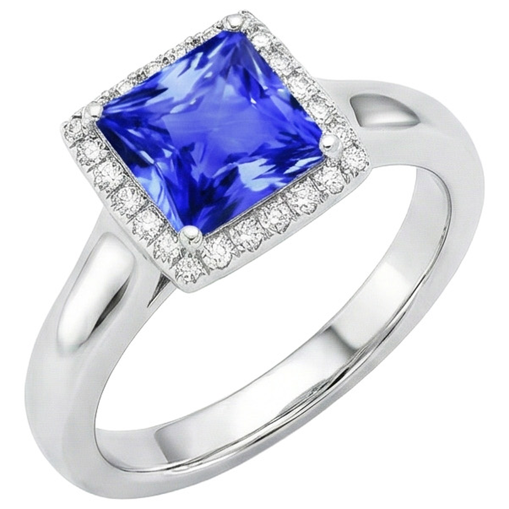 Anello in pietra preziosa a forma di principessa con zaffiro di Ceylon e diamanti 5.40 carati