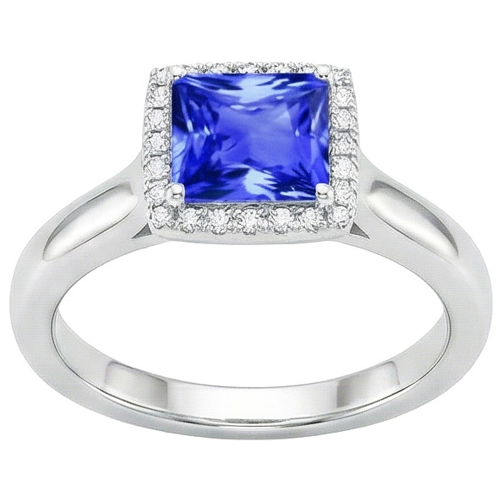 Anello in pietra preziosa a forma di principessa con zaffiro di Ceylon e diamanti 5.40 carati