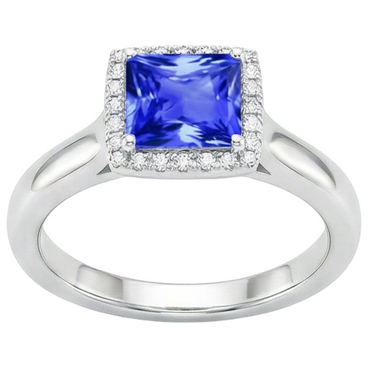 Anello in pietra preziosa a forma di principessa con zaffiro di Ceylon e diamanti 5.40 carati