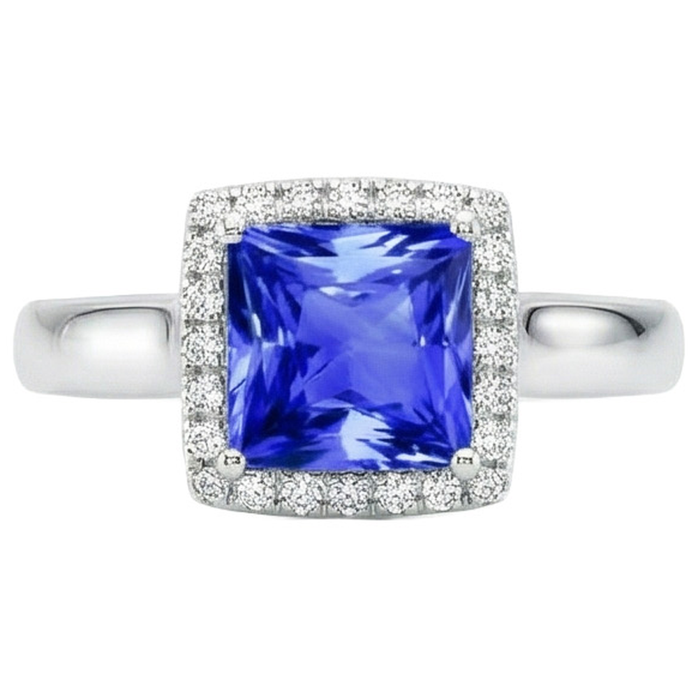 Anello in pietra preziosa a forma di principessa con zaffiro di Ceylon e diamanti 5.40 carati