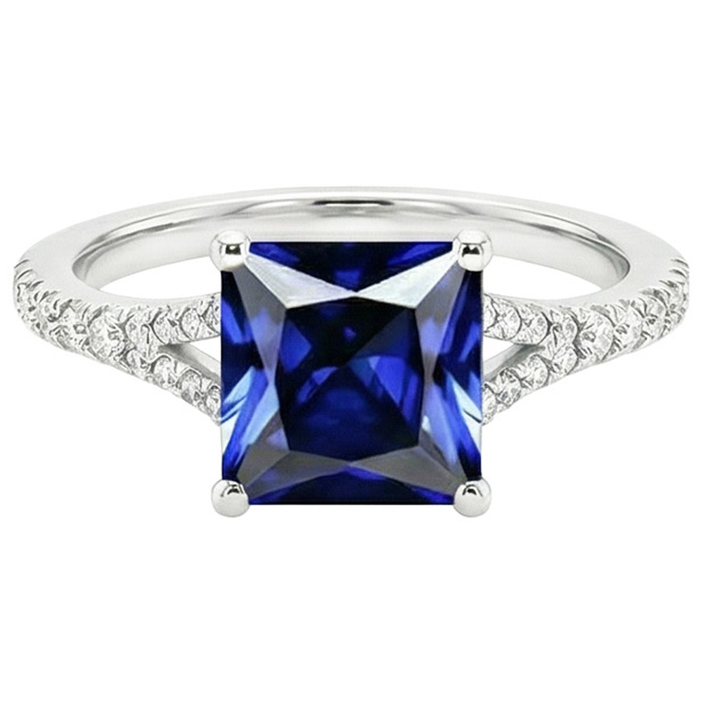Anello in pietra preziosa solitario taglio principessa con accenti di diamanti pavé 6 carati