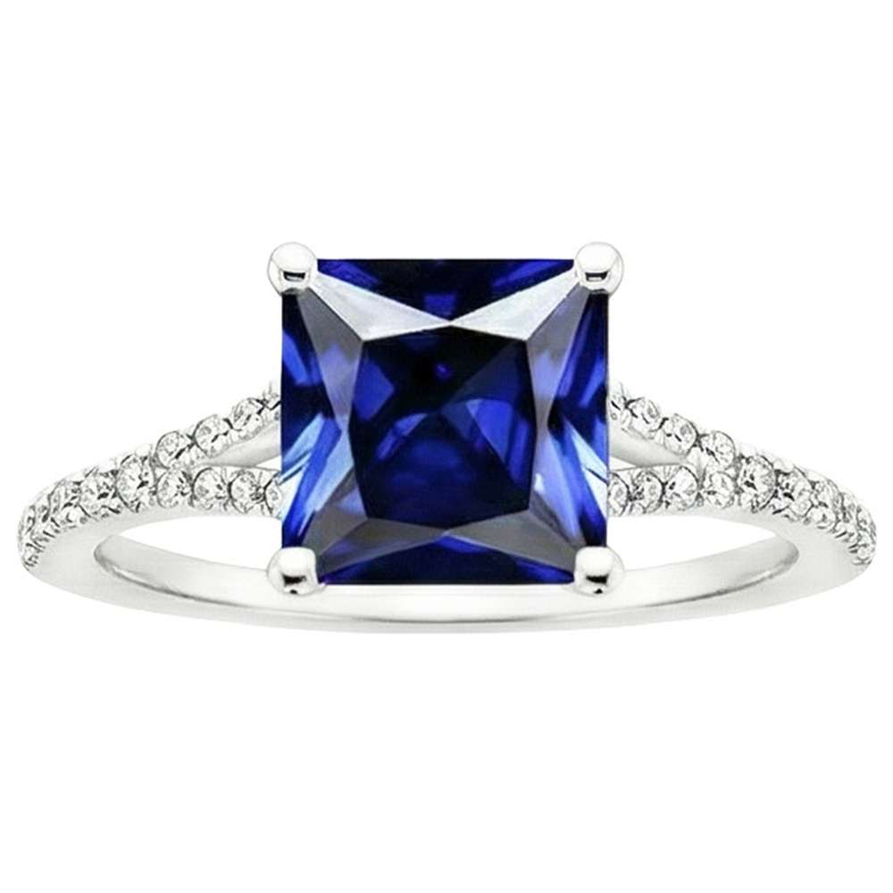 Anello in pietra preziosa solitario taglio principessa con accenti di diamanti pavé 6 carati