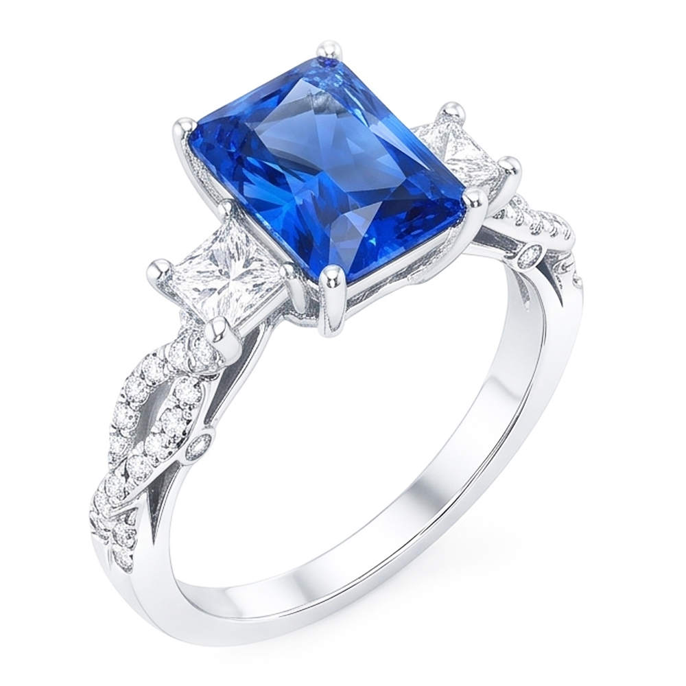 Anello in pietra preziosa zaffiro radiante 3 pietre intrecciate stile 3.50 carati