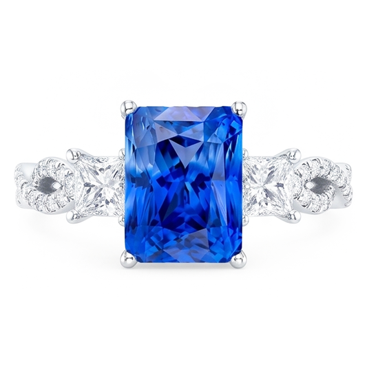 Anello in pietra preziosa zaffiro radiante 3 pietre intrecciate stile 3.50 carati