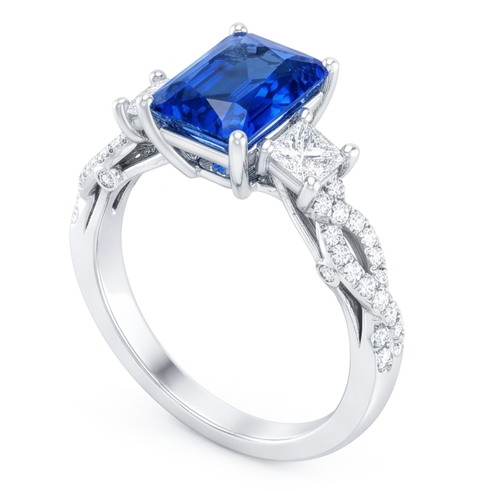 Anello in pietra preziosa zaffiro radiante 3 pietre intrecciate stile 3.50 carati