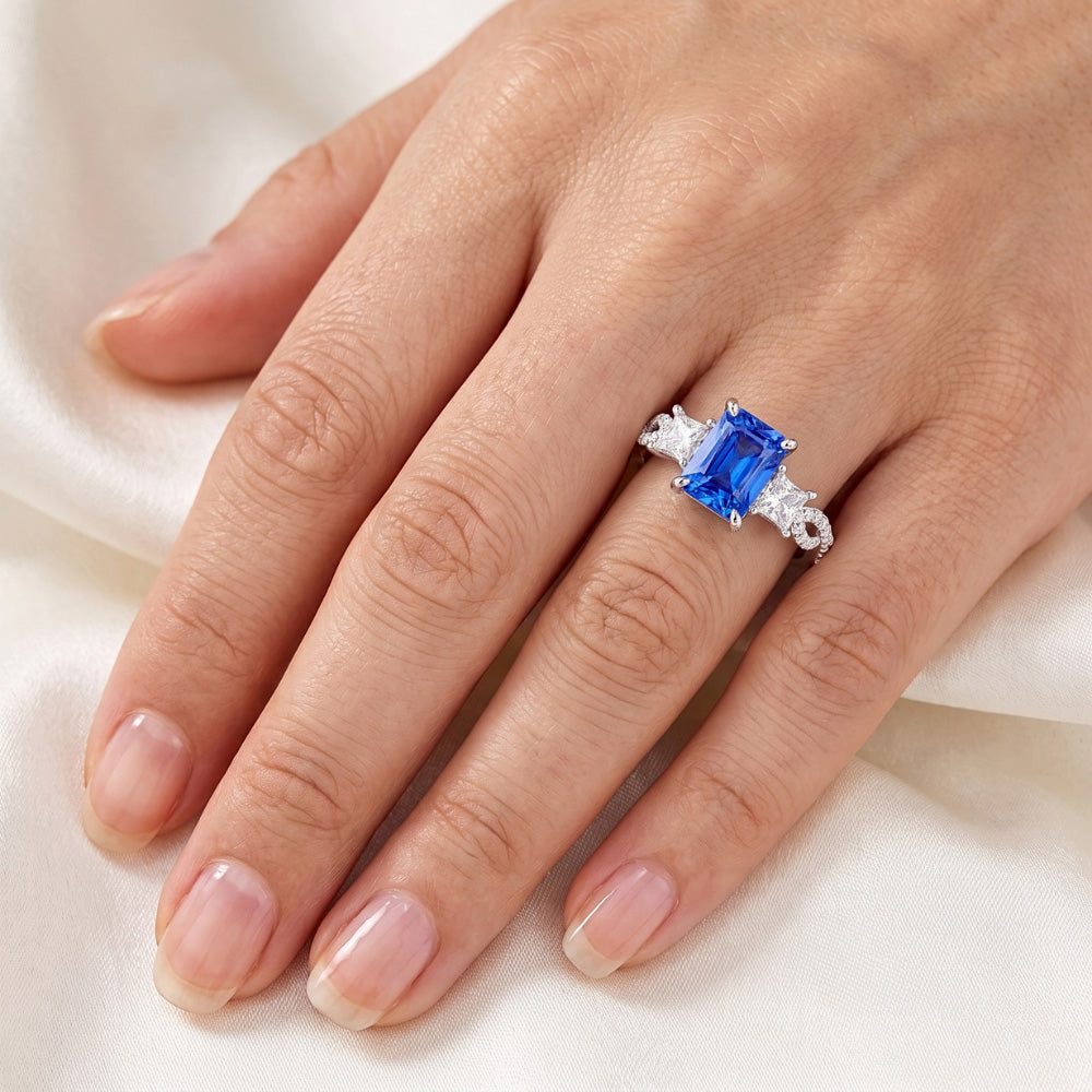 Anello in pietra preziosa zaffiro radiante 3 pietre intrecciate stile 3.50 carati